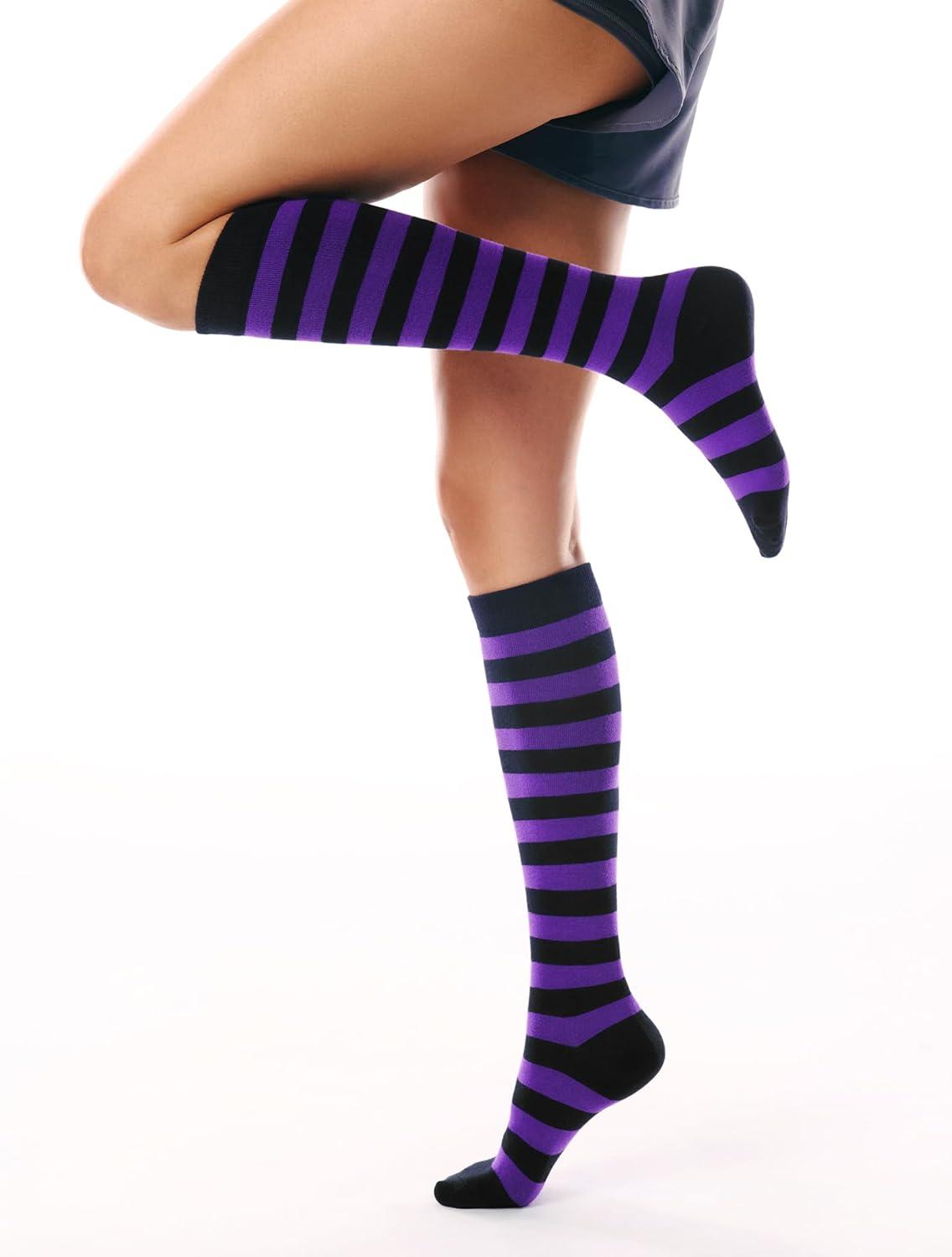 imageFITRELL Womens Knee High Socks Outdoor Sport Athletic Socks Casual Stripe Tube Socks 14 Pack1 Pack Black Purple Stripes