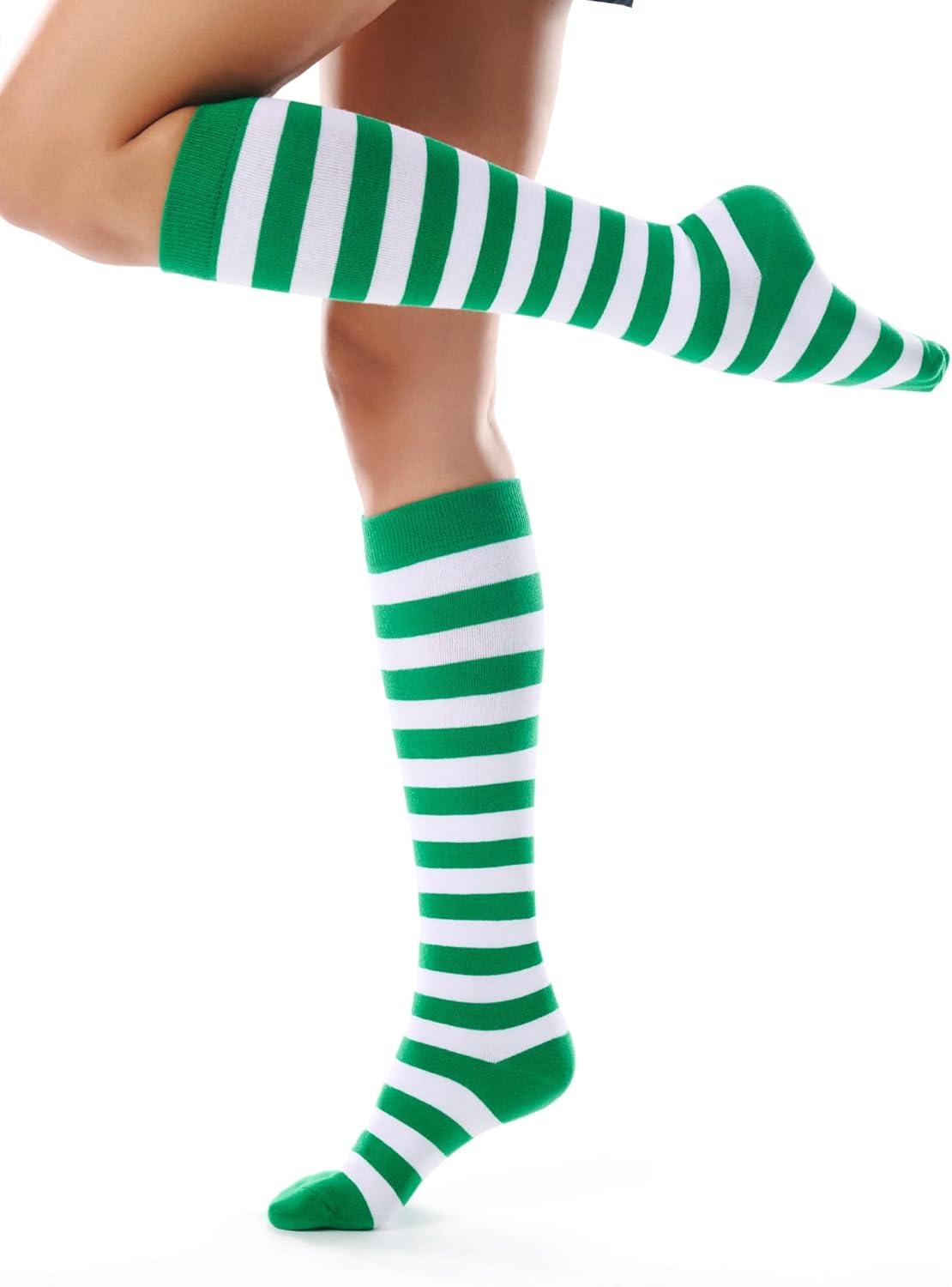 imageFITRELL Womens Knee High Socks Outdoor Sport Athletic Socks Casual Stripe Tube Socks 14 Pack1 Pack Green White Stripes