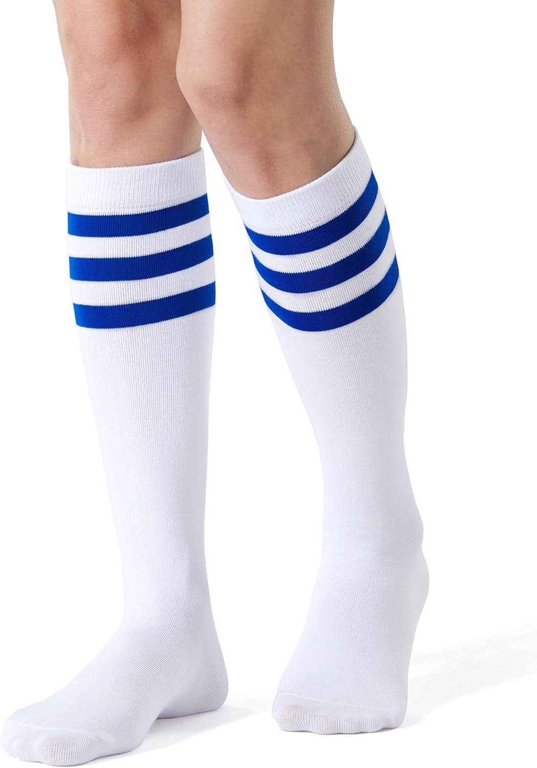 imageFITRELL Womens Knee High Socks Outdoor Sport Athletic Socks Casual Stripe Tube Socks 14 Pack1 Pack White Blue