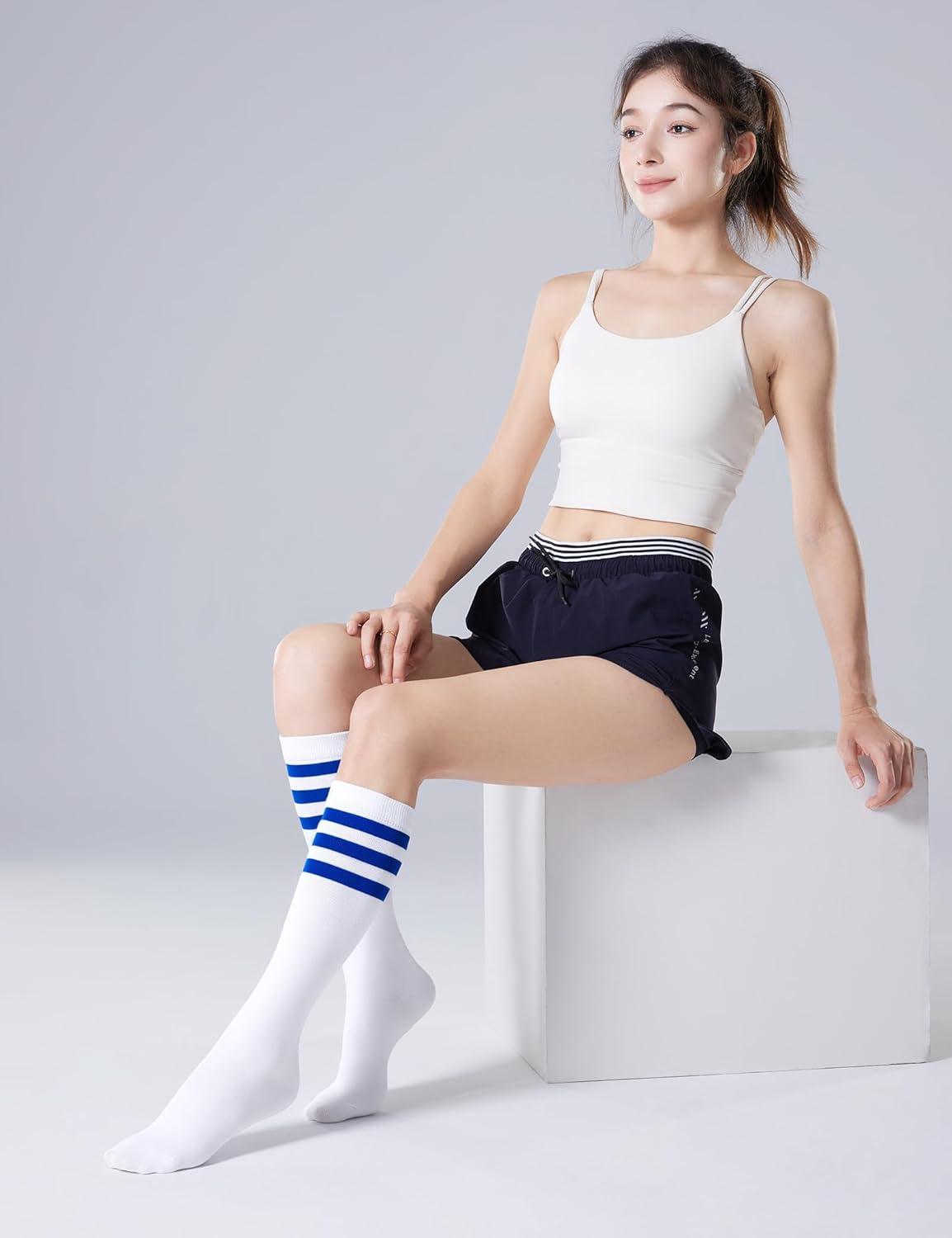 imageFITRELL Womens Knee High Socks Outdoor Sport Athletic Socks Casual Stripe Tube Socks 14 Pack1 Pack White Blue