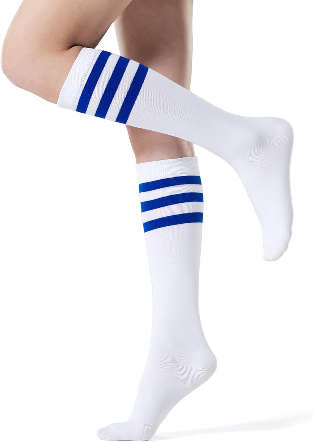 imageFITRELL Womens Knee High Socks Outdoor Sport Athletic Socks Casual Stripe Tube Socks 14 Pack1 Pack White Blue