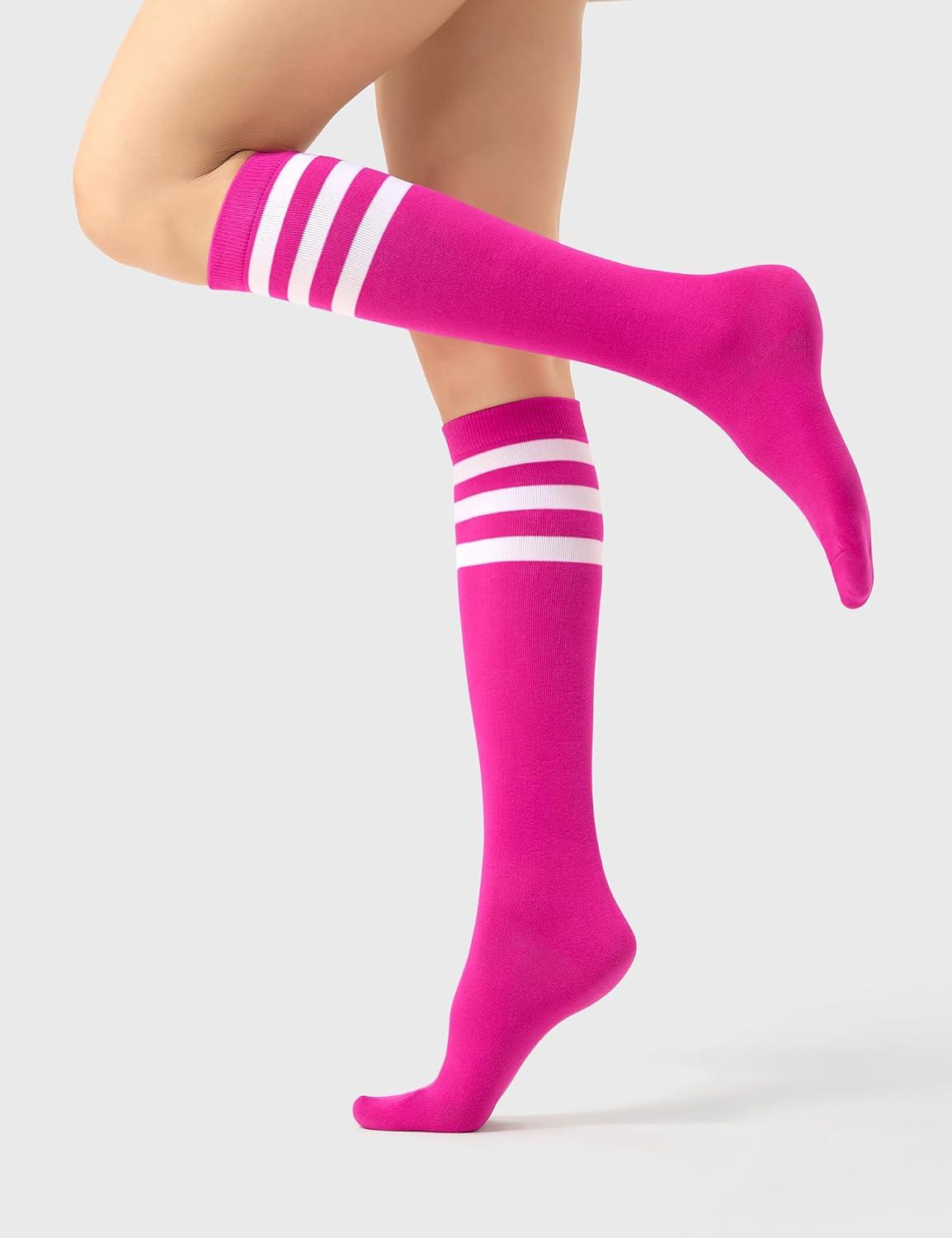 imageFITRELL Womens Knee High Socks Outdoor Sport Athletic Socks Casual Stripe Tube Socks 14 PackHot Pink