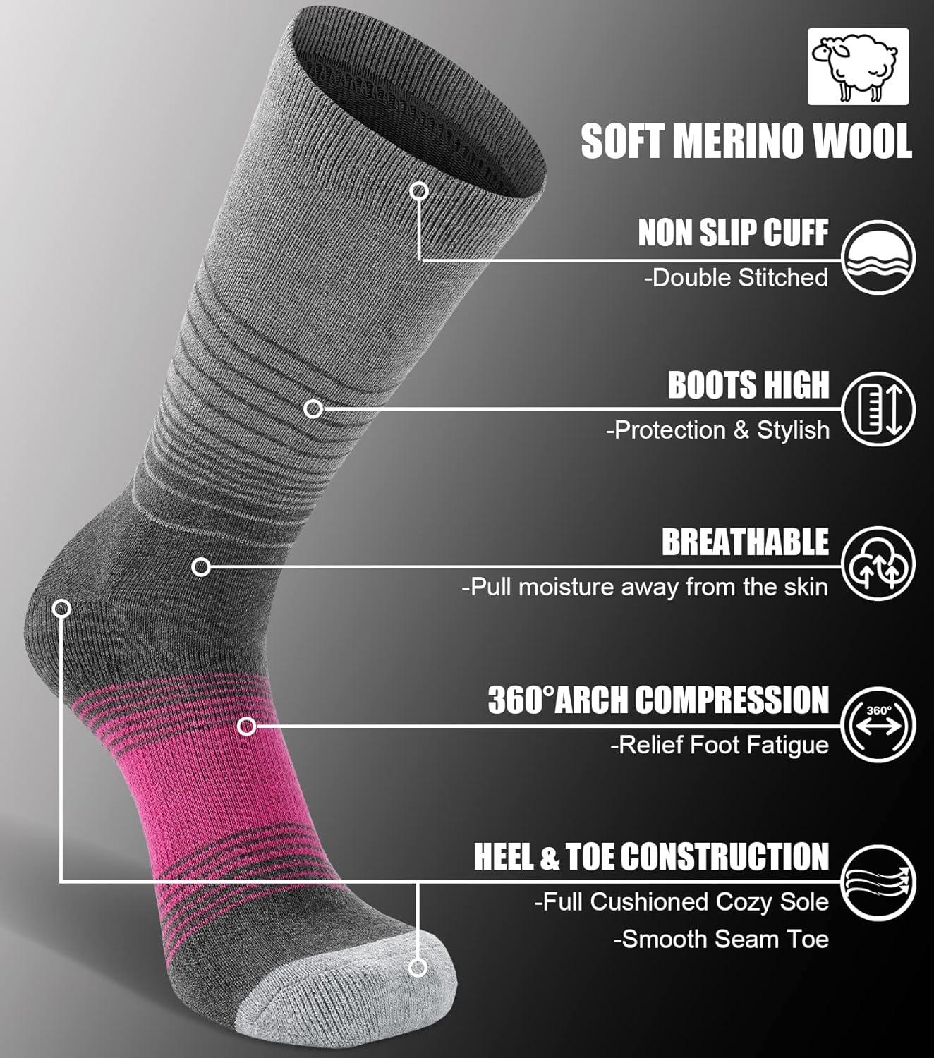 imageFITRELL 4 Pack Womens Merino Wool Hiking Socks Wicking Cushioned Warm Thermal Walking Boot Crew Socks Woollen SocksBlack2  Rose Red2