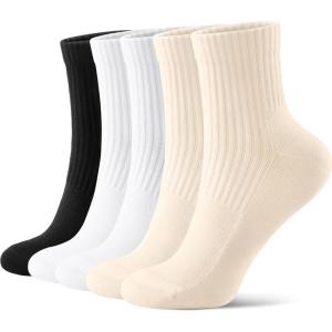 imageFITRELL Womens Crew Socks Ankle Athletic Cushioned Running Casual Socks for Women and Men 56 Pairs5 Pairs Black1beige2white2