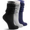 imageFITRELL Slouch Crew Socks for Women Presewn Slouch Look Soft Cotton Mid Calf Retro Cute Socks 3 Pairs Cant StraightenGrey Whiteblack Greynavy Blue