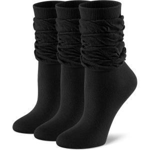 imageFITRELL Slouch Crew Socks for Women Presewn Slouch Look Soft Cotton Mid Calf Retro Cute Socks 3 Pairs Cant StraightenBlack