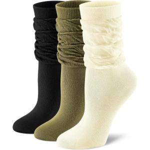imageFITRELL Slouch Crew Socks for Women Presewn Slouch Look Soft Cotton Mid Calf Retro Cute Socks 3 Pairs Cant StraightenBlackbeigeolive Green