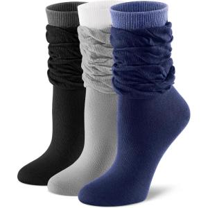 imageFITRELL Slouch Crew Socks for Women Presewn Slouch Look Soft Cotton Mid Calf Retro Cute Socks 3 Pairs Cant StraightenGrey Whiteblack Greynavy Blue