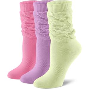 imageFITRELL Slouch Crew Socks for Women Presewn Slouch Look Soft Cotton Mid Calf Retro Cute Socks 3 Pairs Cant StraightenHot Pinkpurplelight Green