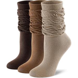 imageFITRELL Slouch Crew Socks for Women Presewn Slouch Look Soft Cotton Mid Calf Retro Cute Socks 3 Pairs Cant StraightenKhakilight Browndark Brown