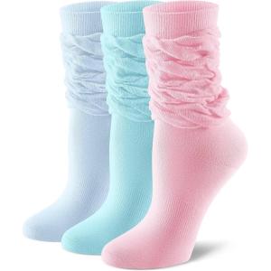 imageFITRELL Slouch Crew Socks for Women Presewn Slouch Look Soft Cotton Mid Calf Retro Cute Socks 3 Pairs Cant StraightenLight Pinklight Blueteal