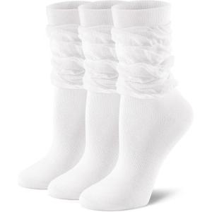 imageFITRELL Slouch Crew Socks for Women Presewn Slouch Look Soft Cotton Mid Calf Retro Cute Socks 3 Pairs Cant StraightenWhite