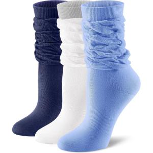 imageFITRELL Slouch Crew Socks for Women Presewn Slouch Look Soft Cotton Mid Calf Retro Cute Socks 3 Pairs Cant StraightenWhite Greynavyroyal Blue