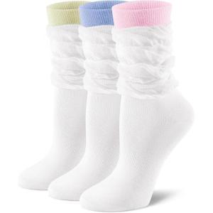 imageFITRELL Slouch Crew Socks for Women Presewn Slouch Look Soft Cotton Mid Calf Retro Cute Socks 3 Pairs Cant StraightenWhite Pinkwhite Bluewhite Green