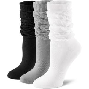 imageFITRELL Slouch Crew Socks for Women Presewn Slouch Look Soft Cotton Mid Calf Retro Cute Socks 3 Pairs Cant StraightenWhitegreyblack