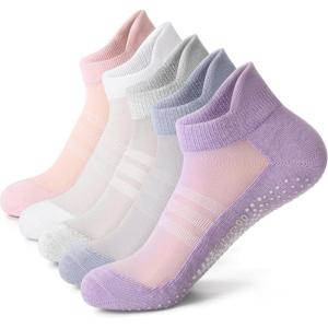 imageFITRELL Pilates Socks for Women Ankle Yoga Non Slip Grip Socks for Barre Hospital Gym 5 PairsBluegreypinkwhitepurple