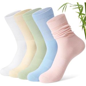 imageFITRELL Womens Soft Bamboo Rayon Dress Socks Thin Breathable Calf Crew Scrunch Socks for Casual Trouser 5 PairsWhiteCreamGreenLight BlueLight Pink