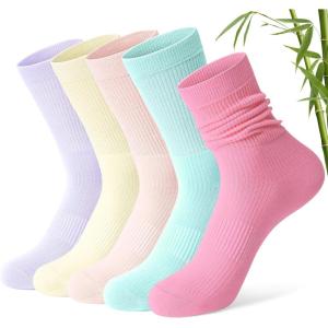 imageFITRELL Womens Soft Bamboo Rayon Dress Socks Thin Breathable Calf Crew Scrunch Socks for Casual Trouser 5 PairsYellowMint GreenLight PinkPurplePink
